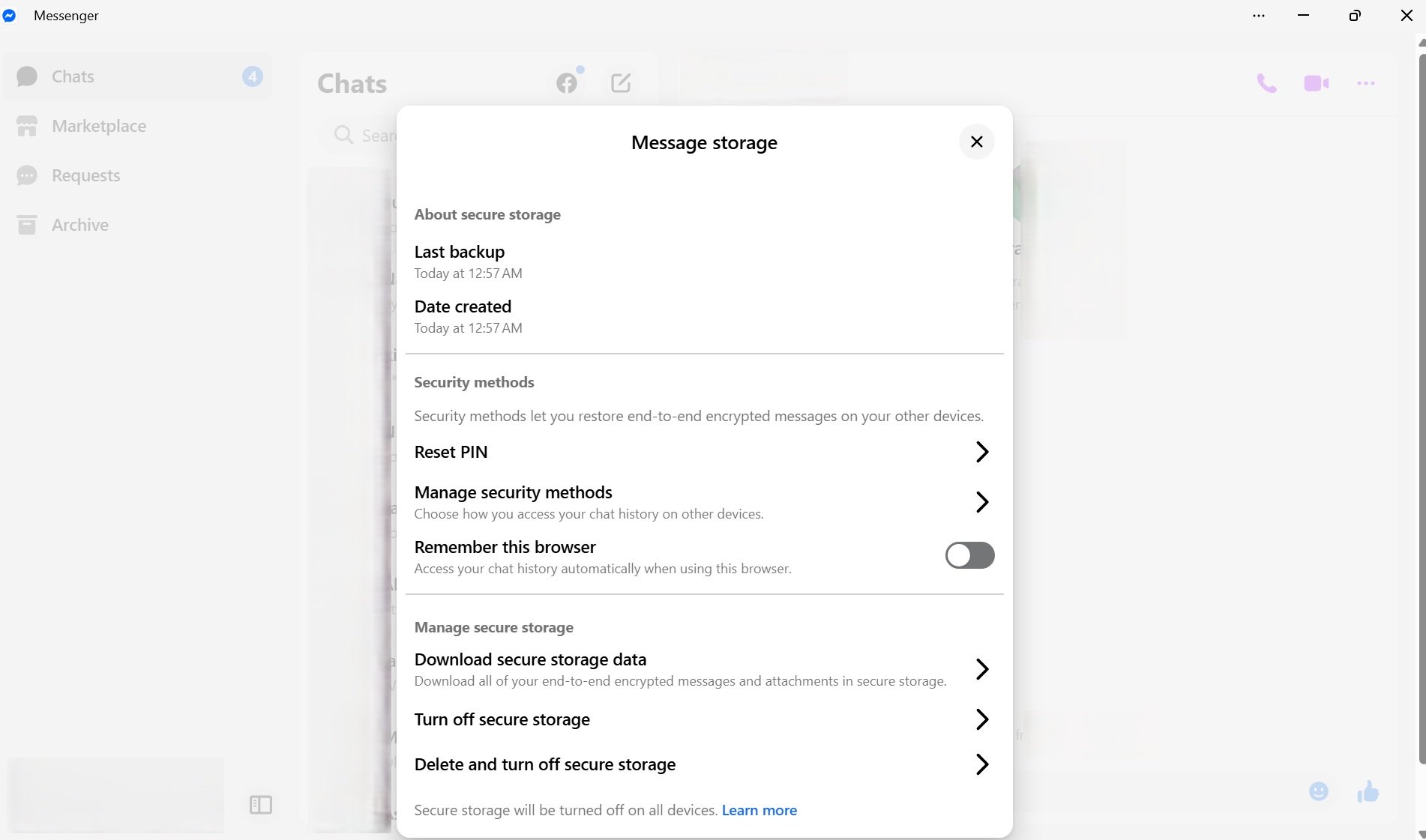 Proses pembuatan PIN enam digit untuk backup chat Messenger
