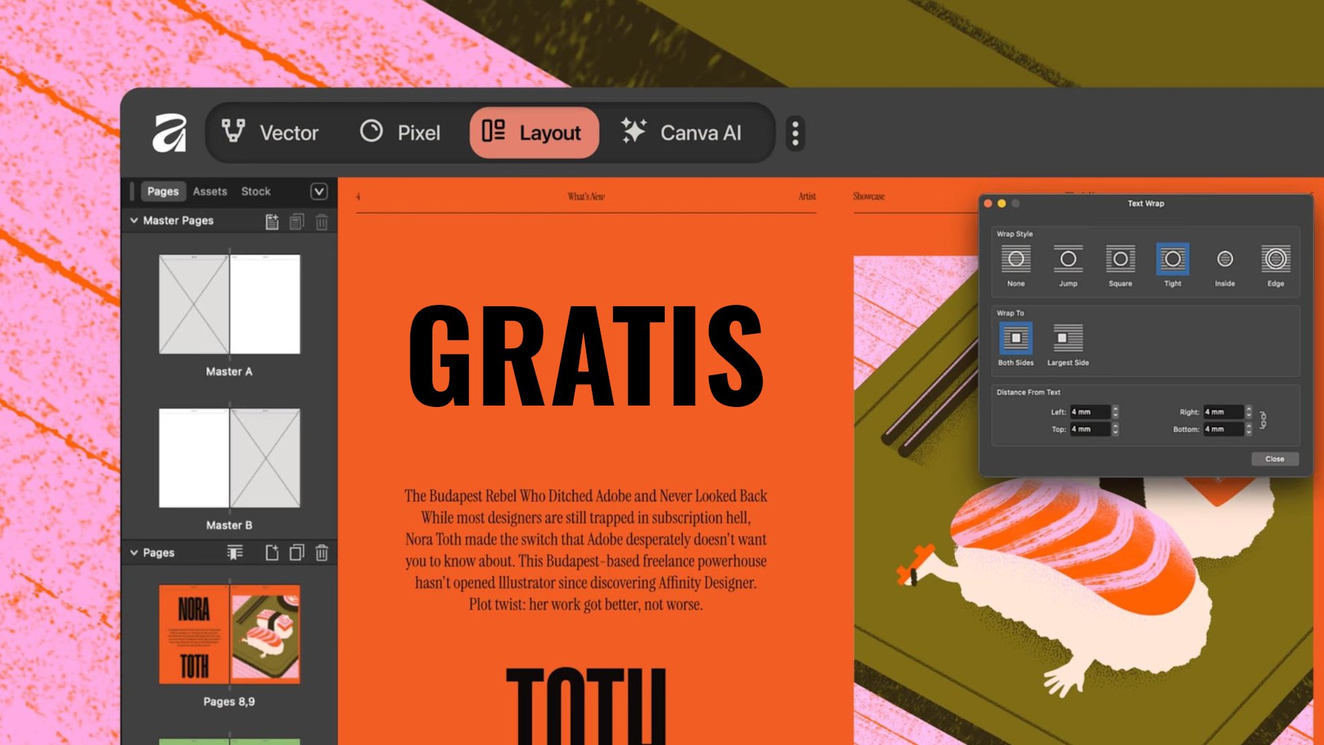 Antarmuka Affinity Suite yang terintegrasi menunjukkan mode Pixel, Vector, dan Layout