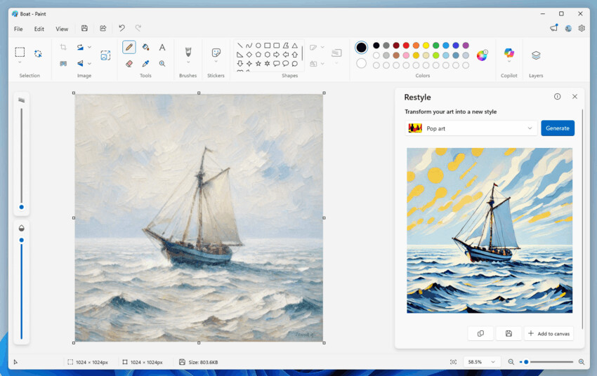 Tampilan fitur Restyle di Microsoft Paint untuk mengubah gaya gambar dengan AI
