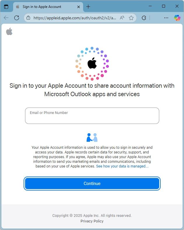 Integrasi iCloud Outlook - Kini Lebih Mudah & Aman Tanpa Password Khusus! 2 Layar login Apple ID untuk integrasi iCloud Outlook