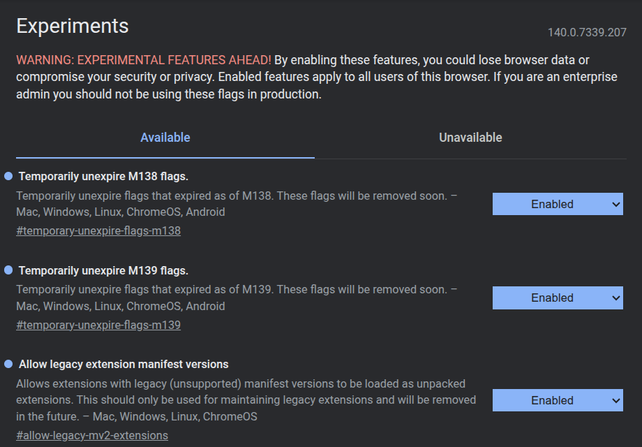 Pengaturan flag eksperimental Chrome yang mempengaruhi Manifest V2