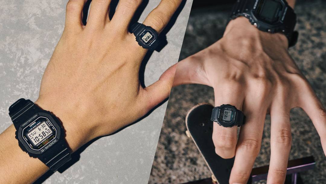 G-Shock Nano jam tangan cincin di jari, menunjukkan ukuran mini dan desain tangguh