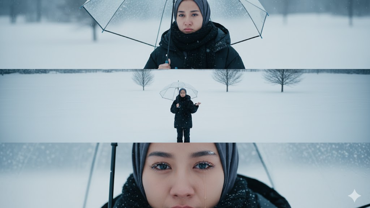 Prompt Gemini AI Musim Salju – Ciptakan Foto Estetik Ala "First Love" 2 Potret wanita dengan latar belakang bersalju hasil Gemini AI