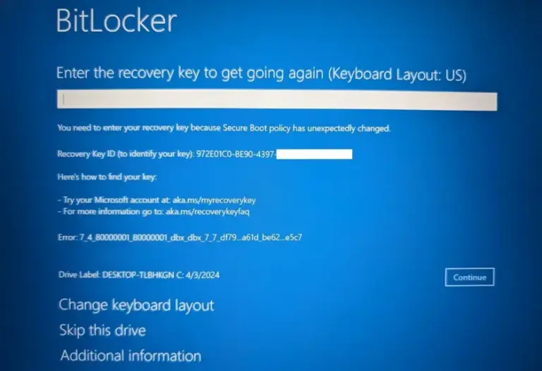 Pesan Pemulihan BitLocker pada layar Windows