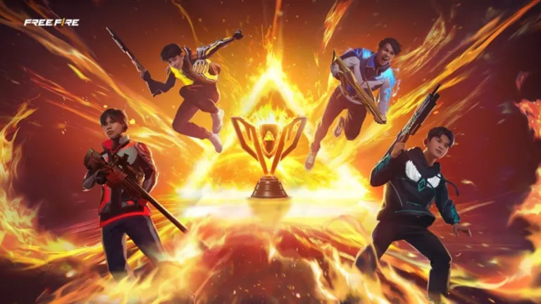 Suasana Free Fire Flame Arena 2025 yang Kompetitif dengan karakter Free Fire dan efek api