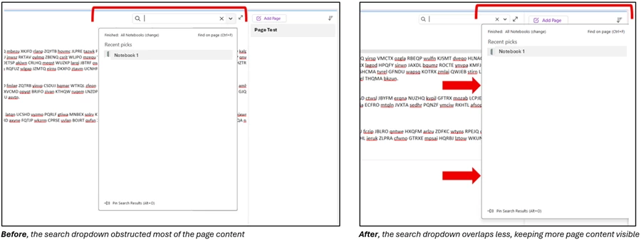 Perbaikan OneNote for Windows, tampilan sebelum dan sesudah perbaikan UX pencarian