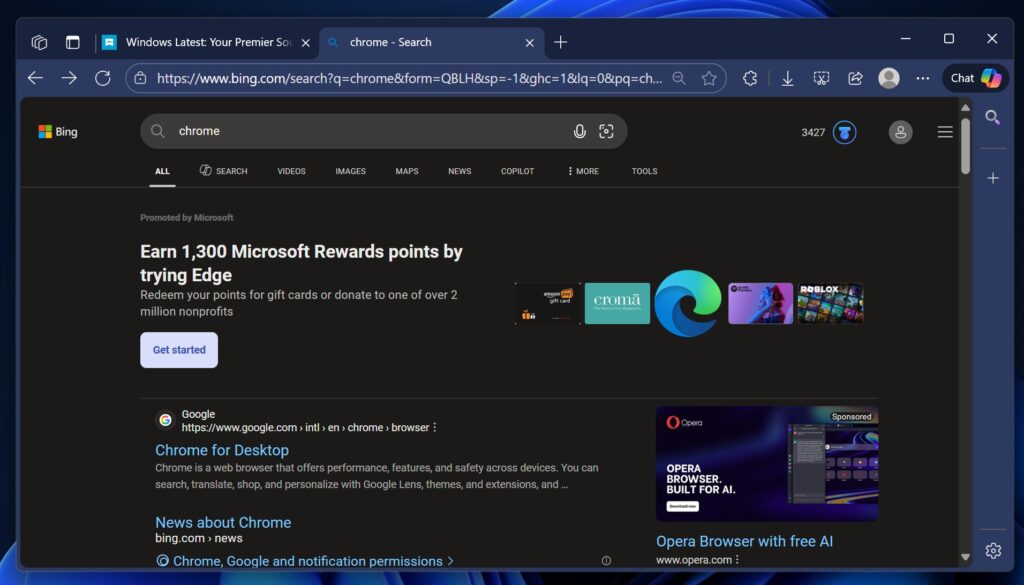 Pemberitahuan Microsoft Rewards yang menawarkan poin saat pengguna ingin mengunduh Google Chrome di Microsoft Edge