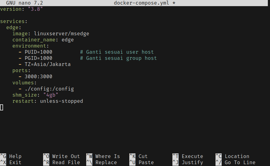 Isi file docker-compose.yml dengan konfigurasi Microsoft Edge