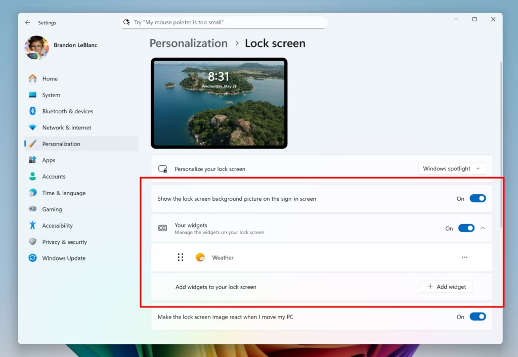 Layar Kunci Windows 11 Build 27982 dengan Widget Kustomisasi