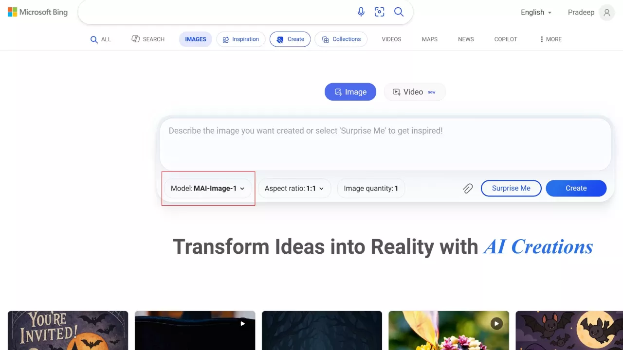 Opsi pemilihan MAI-Image-1 di Bing Image Creator