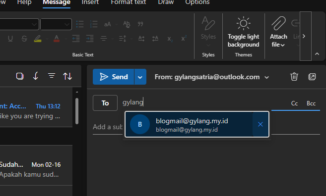 Ilustrasi fitur Contact Masking di Outlook saat mengetik nama penerima email