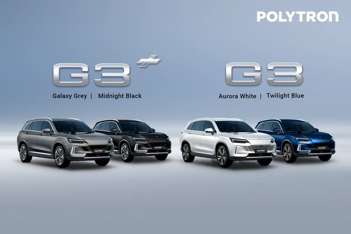 SUV listrik Polytron G3 berwarna abu-abu sedang melaju di jalanan kota