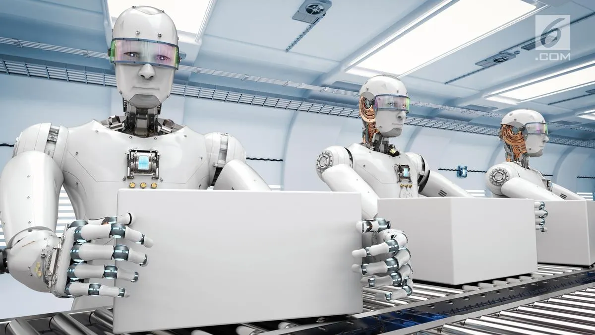 Robot AI humanoid berinteraksi dengan manusia dalam suasana kerja
