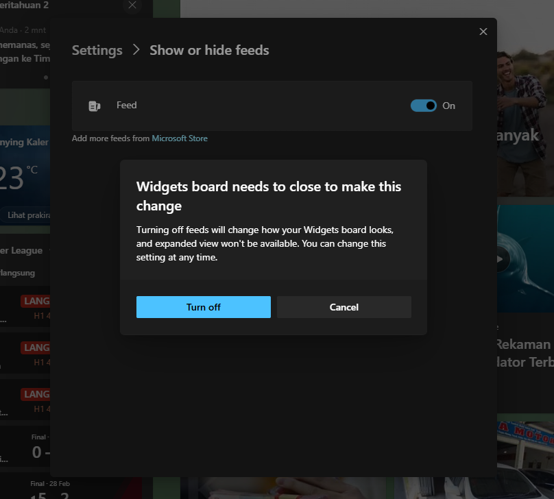 Pilih opsi 'Show or hide feeds' di pengaturan Widget Windows 11