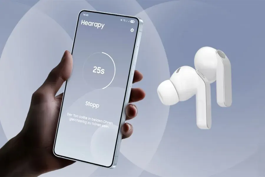 Aplikasi Hearapy - Solusi Revolusioner Pereda Mabuk Perjalanan Berbasis Sains 2 Aplikasi Hearapy Samsung di layar smartphone dengan grafis gelombang suara