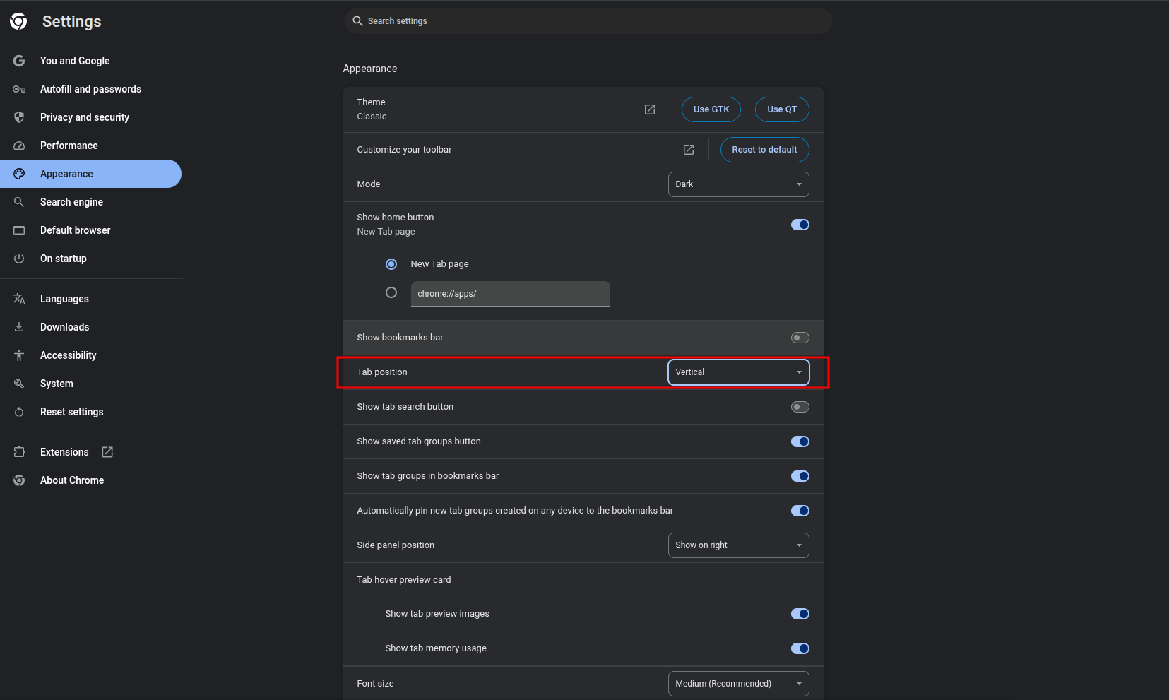Tampilan pengaturan posisi tab di Google Chrome