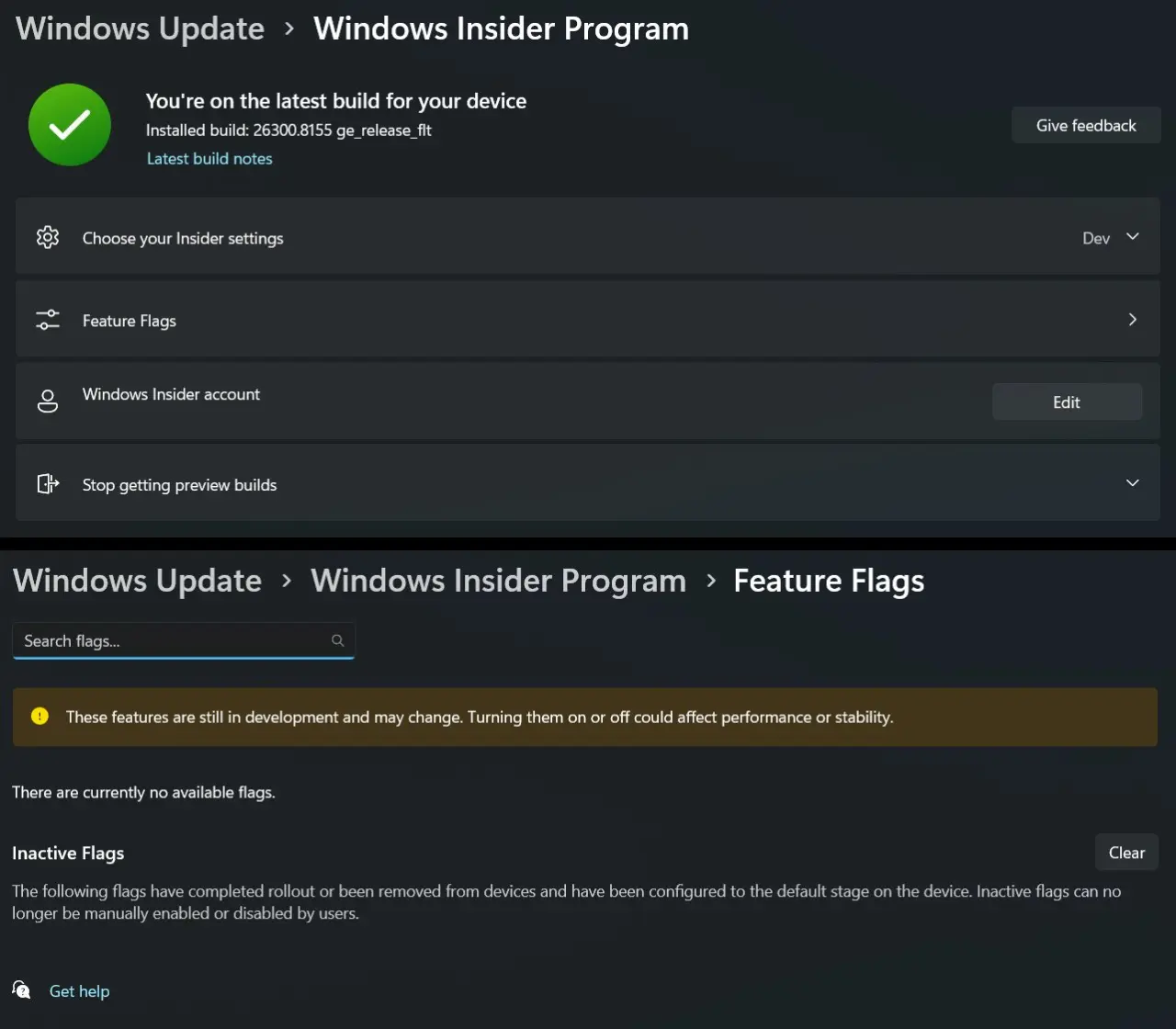 Antarmuka pengaturan Feature Flags di Windows 11