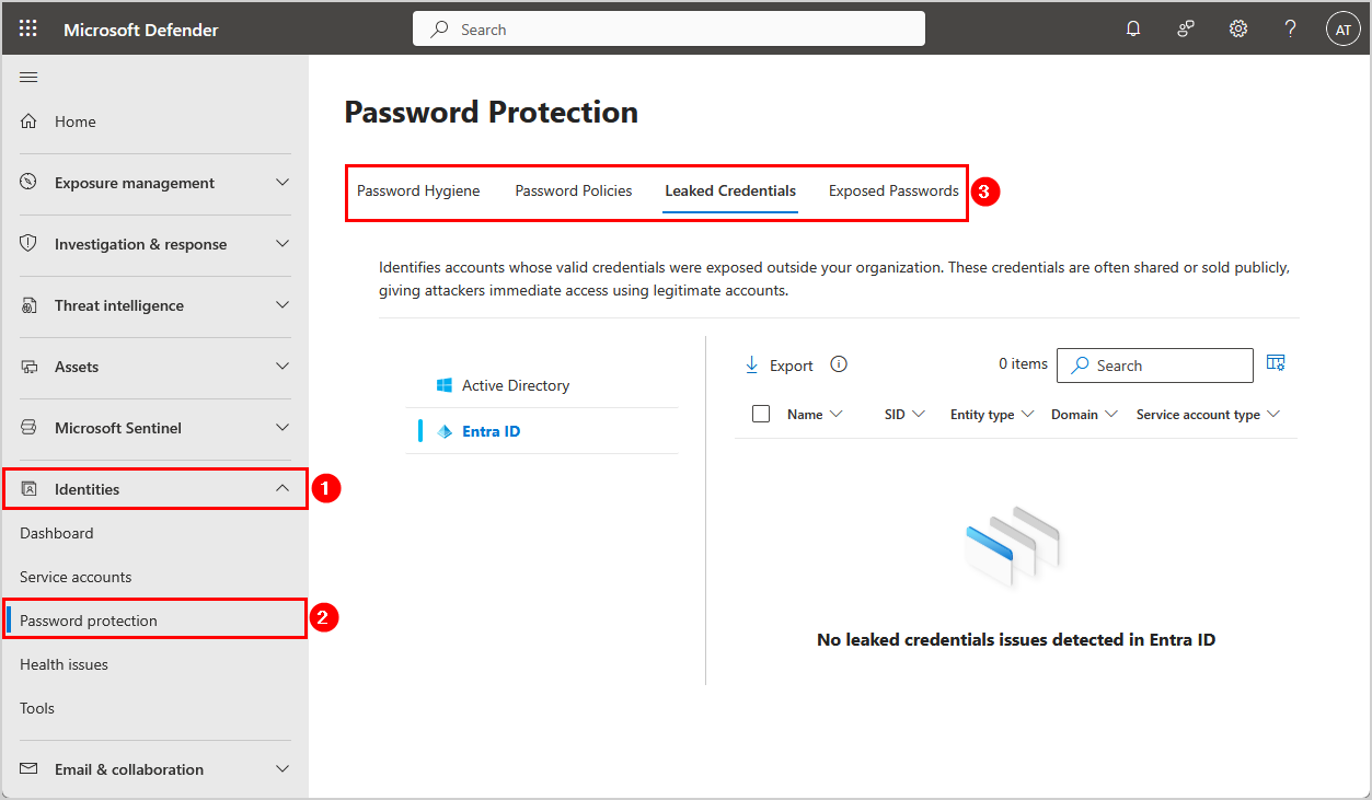 Dasbor Password Protection di Microsoft Defender menunjukkan berbagai kategori risiko keamanan identitas