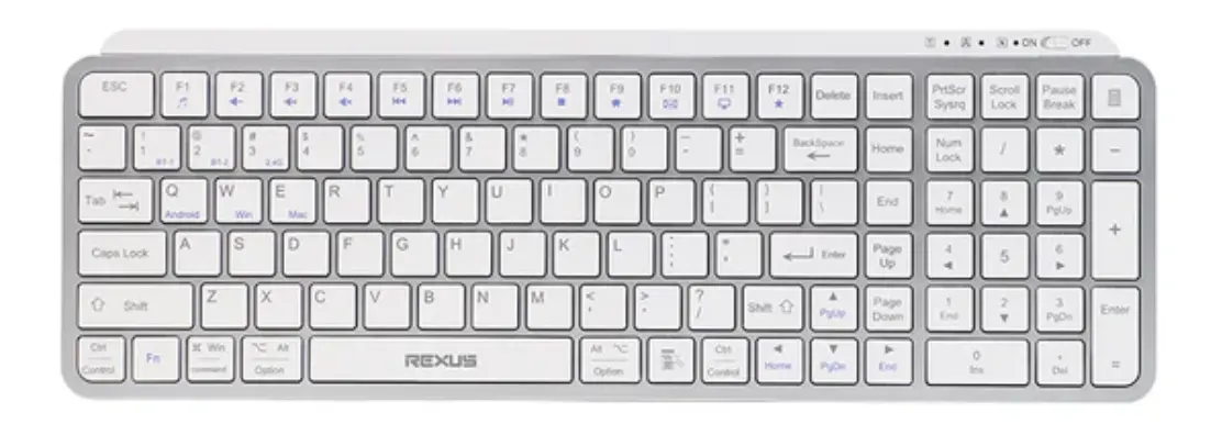 Layout full-size Rexus KL100 dengan numpad dan tombol navigasi lengkap