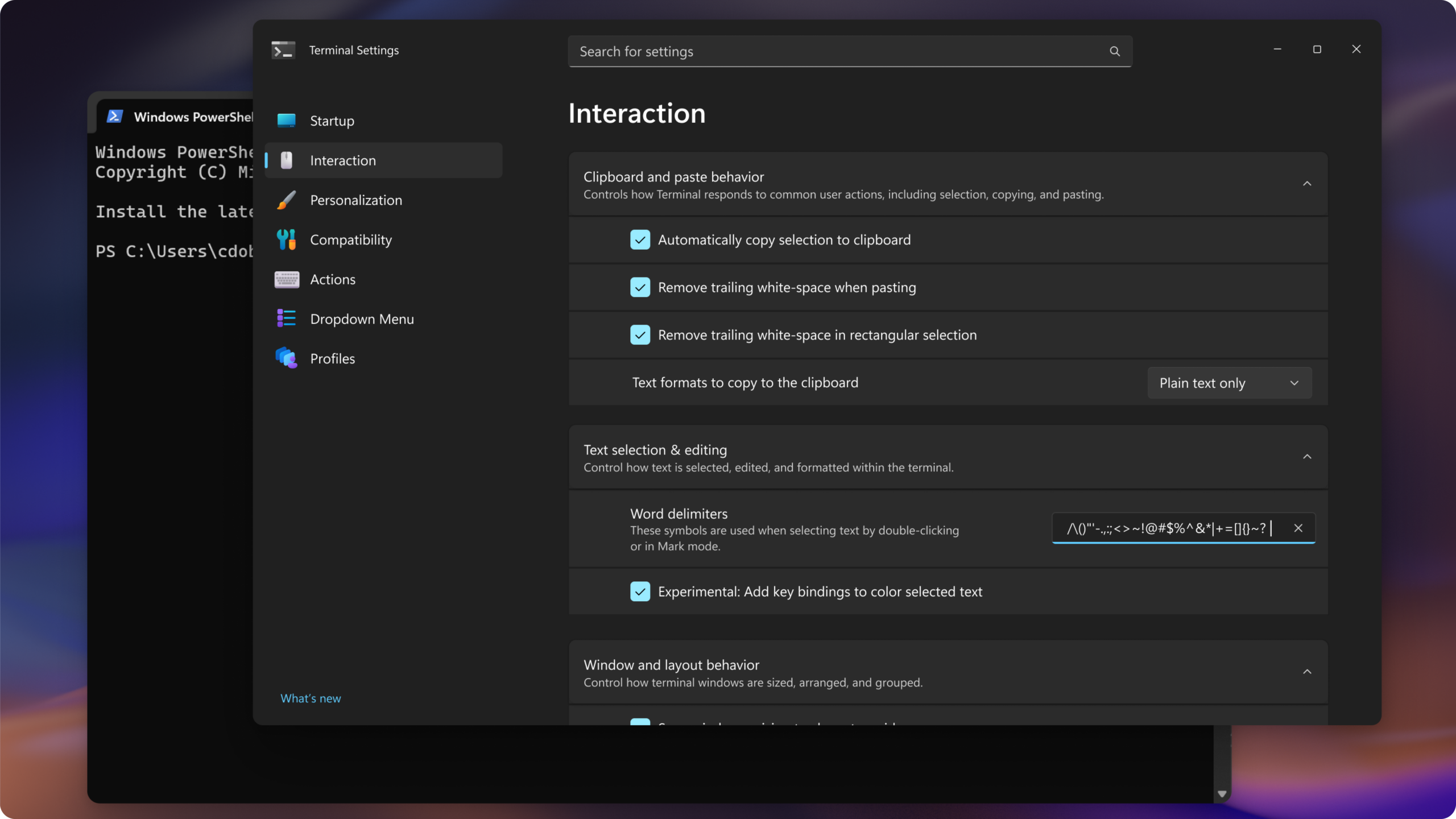 Windows Terminal Desain Baru - Pengalaman Lebih Modern dan Intuitif 3 Detail kategori pengaturan Windows Terminal