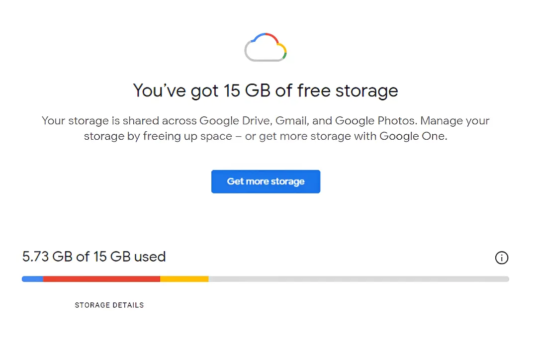 Tangkapan layar notifikasi penyimpanan 5GB untuk akun Gmail baru