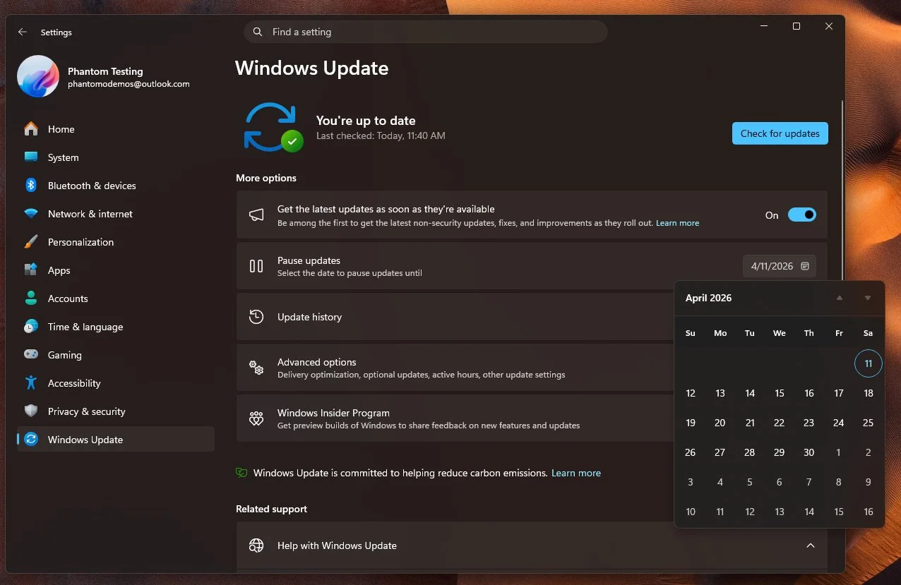 Antarmuka menu Pause Update di Windows 11