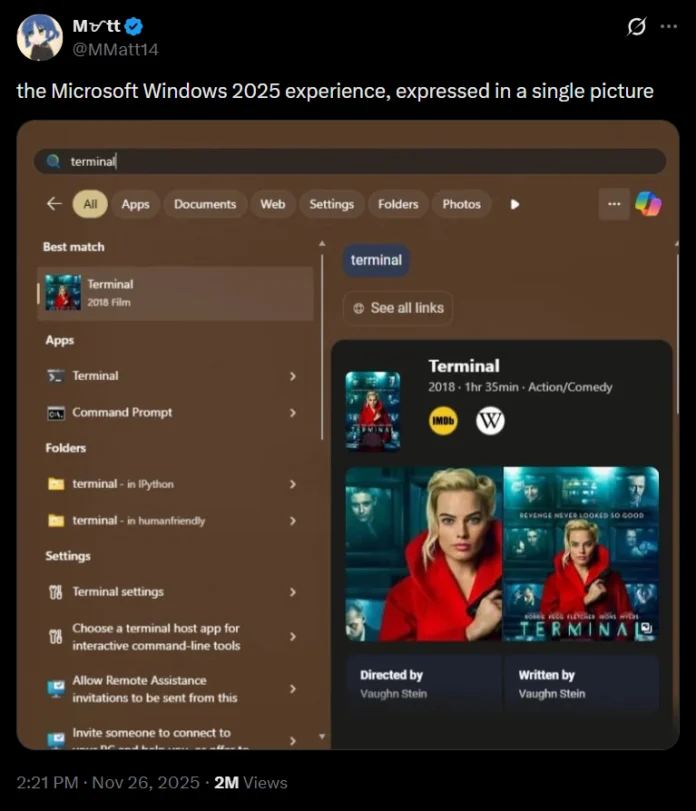 Tampilan Windows Search yang memprioritaskan hasil lokal
