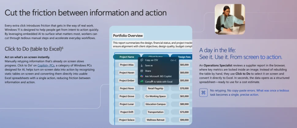 Fitur Click to Do Microsoft mengubah tabel menjadi Excel