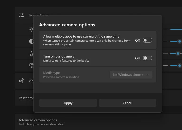 Pengaturan Basic Camera untuk diagnostik driver di Windows 11